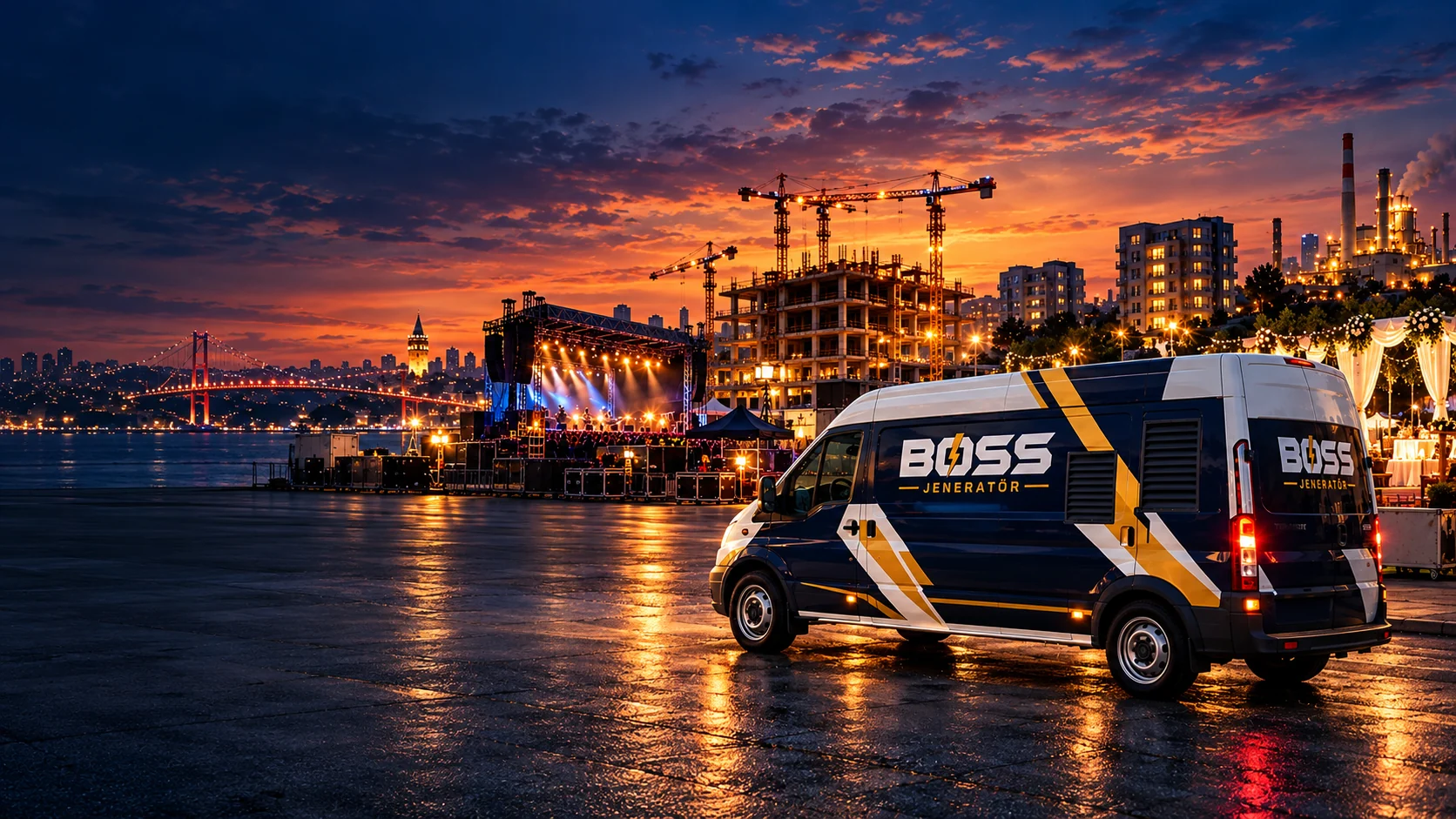 İstanbul manzarasında BOSS mobil jeneratör aracı; temsili tanıtım görseli